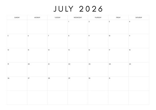 July 2026 calendar isolated on white background