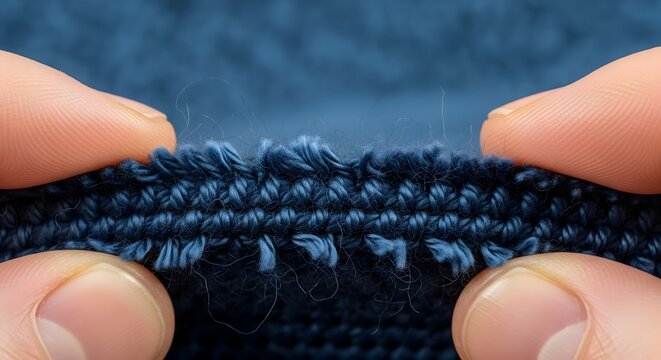 Close-up of human fingers stretching a piece of blue knitted fabric, revealing loose threads and a worn, textured surface.
