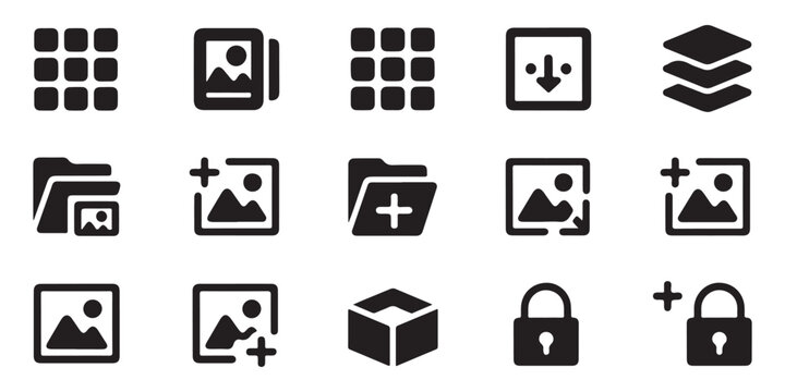 Professional gallery management and digital file organization icons with folder and security signs.