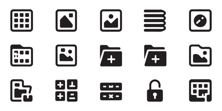 Interface layout and directory navigation icons including photo thumbnails grid views and lock tags.