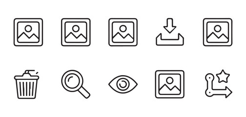 Set of 10 photography line icons. image symbol. picture, photo, gallery, upload, download, view and more. © Lover