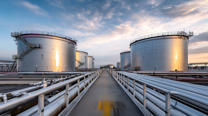 Obraz premium Oil Storage Tanks with Pipeline Infrastructure Industrial Facility at Sunrise