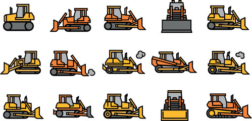 Construction bulldozer vector collection with heavy machinery loader icons for industrial excavation and earthmoving design © MDNUR