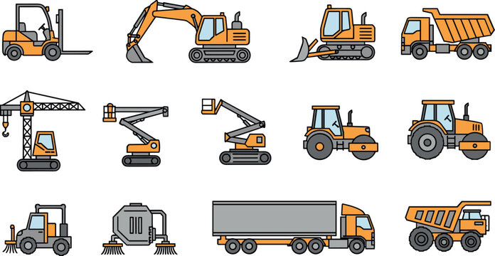 Construction machinery vector collection with excavator crane forklift dump truck and road roller icons for industrial design