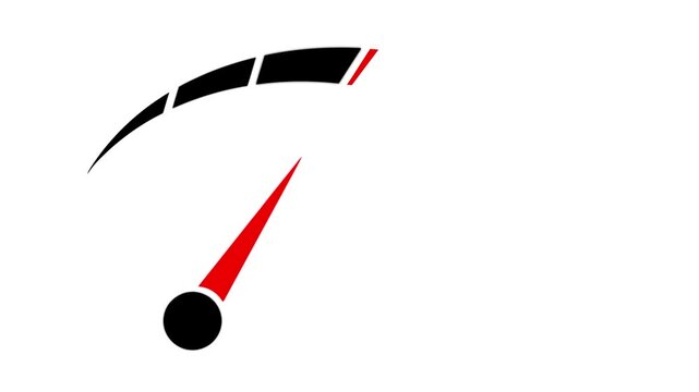 Modern graphic icon depicting a performance gauge with a red needle at its highest point, symbolizing maximum speed, peak efficiency, high achievement, and the critical limit