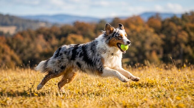Australian Shepherd blue merle dog running with tennis ball in autumn field.