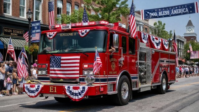 Patriotic Fire Truck Decorated with American Flags in a Small Town Parade