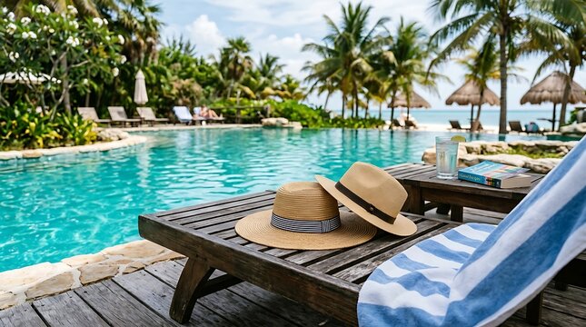 Straw Sun Hats Resting on Wooden Lounge Chair Beside Tropical Resort Pool