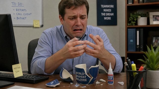 Funny Crying Office Worker with Fingers Stuck Together with Super Glue and Broken Mug