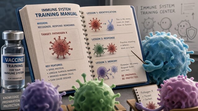 Educational 3D Illustration of Immune System Training Manual with Vaccine and Virus Characters