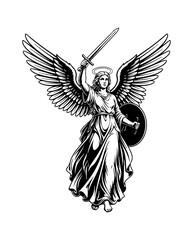 Obraz premium Divine female angel with large wings and halo holding a sword and shield in a powerful triumphant pose