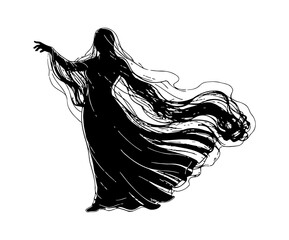 Fototapeta premium Mysterious woman silhouette with long flowing hair and dress in an elegant graceful pose