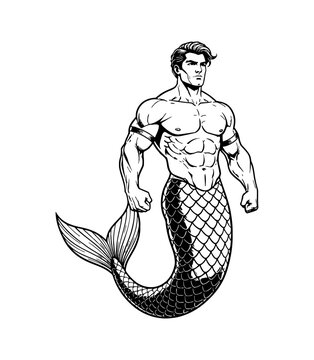 Muscular merman standing with a powerful physique and serious expression in a dynamic pose vector illustration