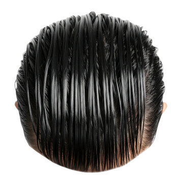black synthetic hair extension weft with dense straight strands isolated on transparent background