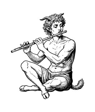 Mythical faun or satyr creature playing a flute with a serene expression in a sitting pose