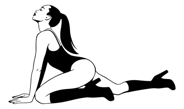 Sensual pinup woman in black one piece swimsuit and high heeled boots posing with arched back looking up in a captivating mood