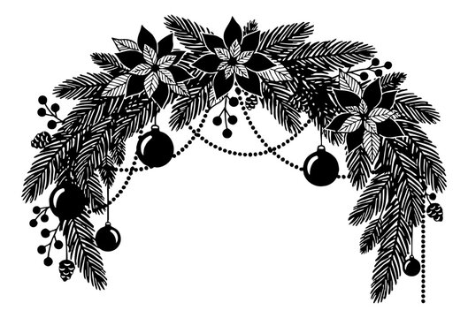 Christmas pine garland with poinsettias berries pinecones and ornaments detailed black white vector art