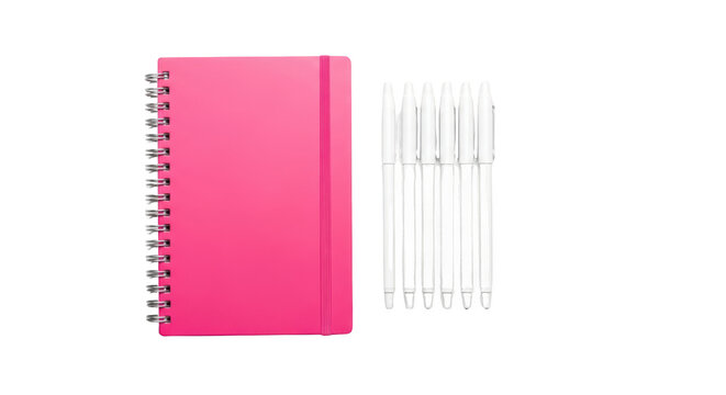 Pink spiral bound notebook and markers.