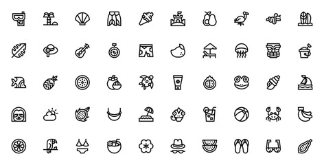 Tropical icon set. Minimal vector illustration pack. Featuring snorkel, coconut tree, seashell, flippers, ice cream, sand castle, avocado, flamingo, surfboard, and more. © wang