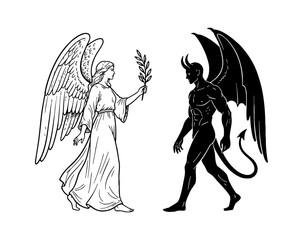 Obraz premium Serene angel woman with large wings offers an olive branch to a powerful horned demon man in black and white line art