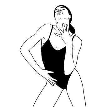 Woman in black swimsuit posing sensually with head back eyes closed vector line art illustration