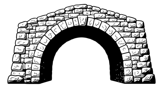Vintage style stone arch bridge in black and white outline illustration simple drawing