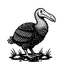 Fototapeta premium Dodo Bird Standing on Ground with Grass in Vintage Black and White Woodcut Engrave Style Illustration