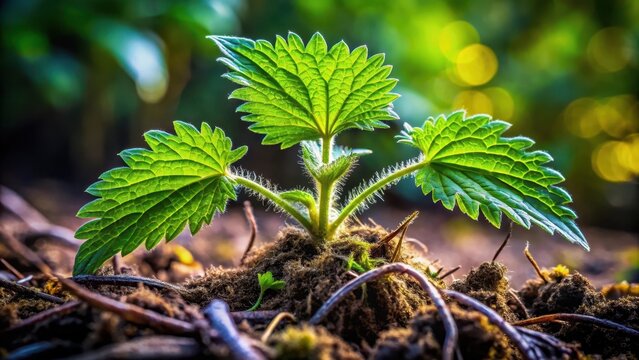 A photo of a fresh stinging nettle plant with visible root and rhizome, herbal medicine Coarse leaves with distinctive stinging hairs, vibrant green