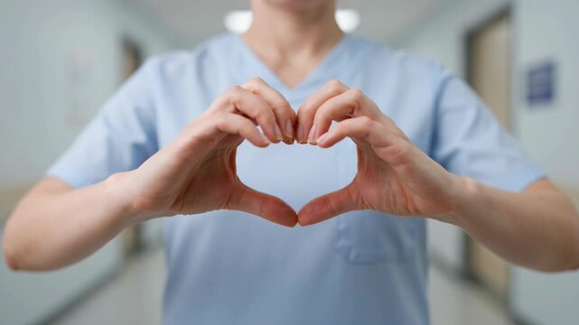 Healthcare worker forming a heart shape with fingers in hospital corridor