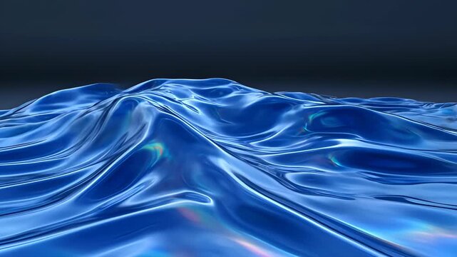 Colourful fluid liquid art abstract blue wave surface with glossy flow, smooth reflective motion, soft light, dark background and glossy light reflections