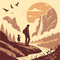 Naklejka premium A man and child standing on a hill overlooking a river and waterfall