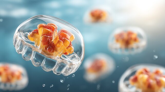 Transparent isolation pod with colorful organic structure floating in blue