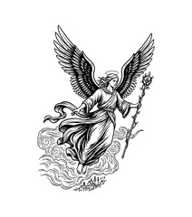 Obraz premium Serene Angel with Wings and Halo Floating on Clouds Above a Village Holding a Floral Staff Black and White