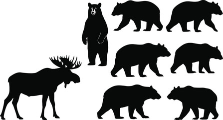 Fototapeta premium Bear and moose animal silhouettes set with wildlife shapes isolated black vector illustration collection for nature design