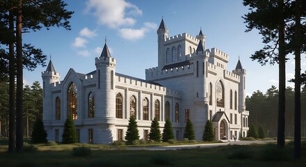 Fototapeta premium Elegant White Gothic Castle Standing Among Tall Pine Trees in Sunlit Forest