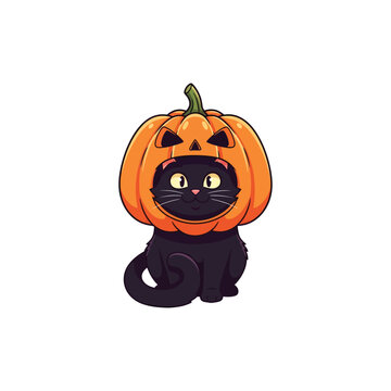 Black cat wearing pumpkin head.