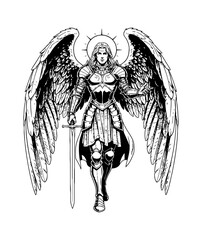 Obraz premium Mighty Winged Warrior Angel in Full Armor Standing Tall Holding Sword with Hand Outstretched and Halo