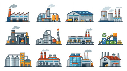 Fototapeta premium Collection of Industrial Factory Buildings with Smoke Stacks.