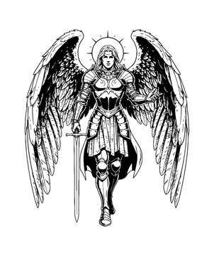 Mighty Winged Warrior Angel in Full Armor Standing Tall Holding Sword with Hand Outstretched and Halo