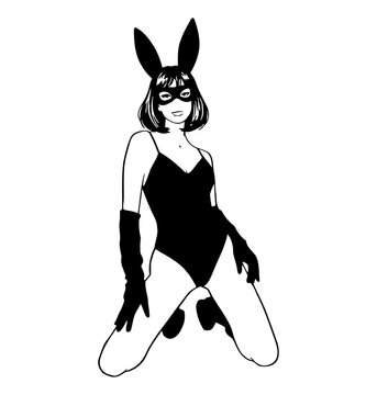 Woman kneeling in a bunny costume with mask and gloves seductive confident smile