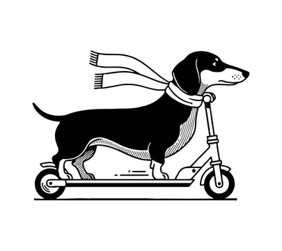 Determined Dachshund Dog Wearing Scarf and Riding a Kick Scooter in Black and White Side View Illustration