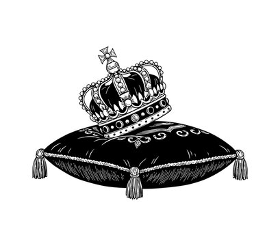 Regal monarch crown placed gently on an opulent cushion with fringe detailed black and white illustration