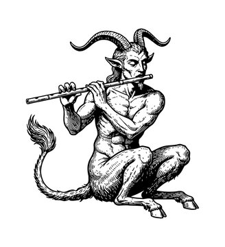 Mythological creature satyr playing flute in a detailed vintage style black and white illustration with calm mood