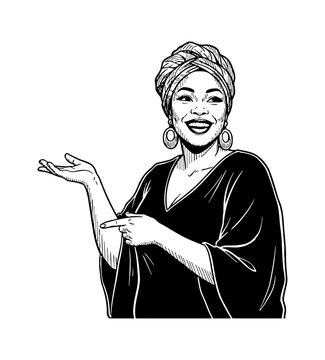 Happy Black woman in a headwrap and hoop earrings smiling cheerfully while presenting and pointing hand gesture