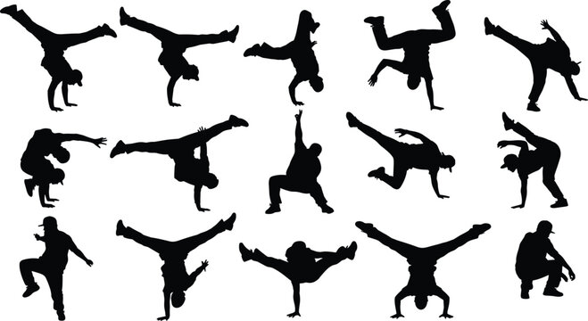 Breakdance and hip hop dancer silhouettes performing dynamic acrobatic moves isolated on white background for urban culture concept
