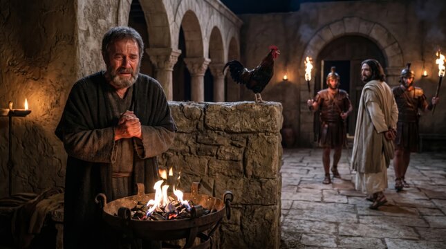 Saint Peter weeping near fire after rooster crows with Jesus Christ held captive by roman soldier. Biblical scene of denial and betrayal representing catholic faith and passion.