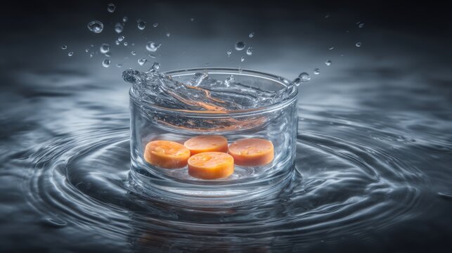Orange tablet pills dropped into water with splash ripple effect