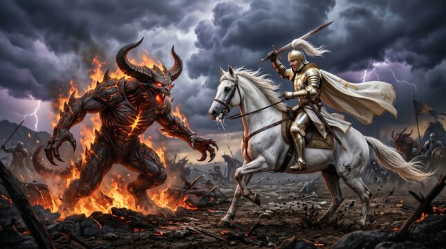 Knight fighting fire demon. Crusader on horse battling huge monster on stormy battlefield. Conflict between good and evil. Christian allegory of spiritual warfare and religious faith.