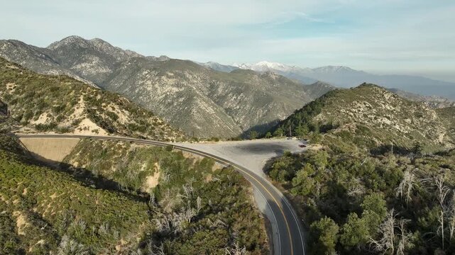 Angeles Crest Highway at Chilao Camp Winter Aerial Shot Forward California USA