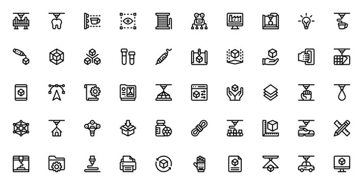 3D Printing icon set. Minimal vector line icon pack. Includes symbols for printer, filament, scan, model, cube, prototype, layer, robot, cad, idea and more.
